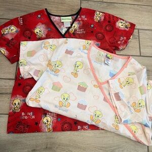 Tweety Bird Scrubs Tops - Red and Cream
